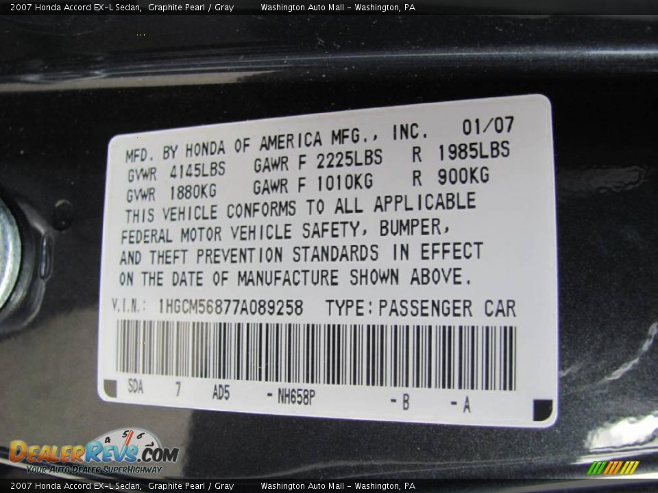 2007 Honda Accord EX-L Sedan Graphite Pearl / Gray Photo #19