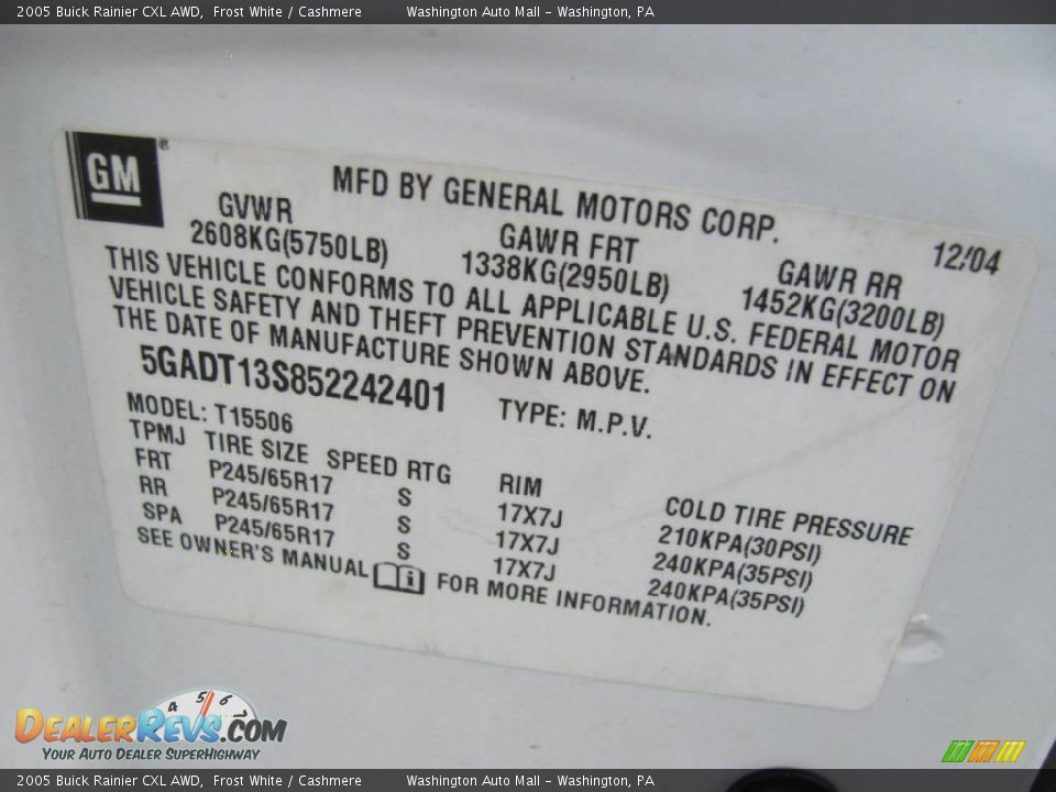 2005 Buick Rainier CXL AWD Frost White / Cashmere Photo #19