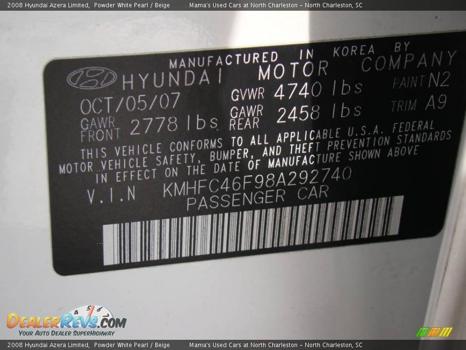 2008 Hyundai Azera Limited Powder White Pearl / Beige Photo #35