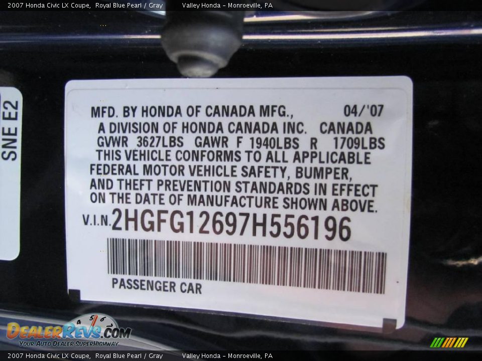 2007 Honda Civic LX Coupe Royal Blue Pearl / Gray Photo #10