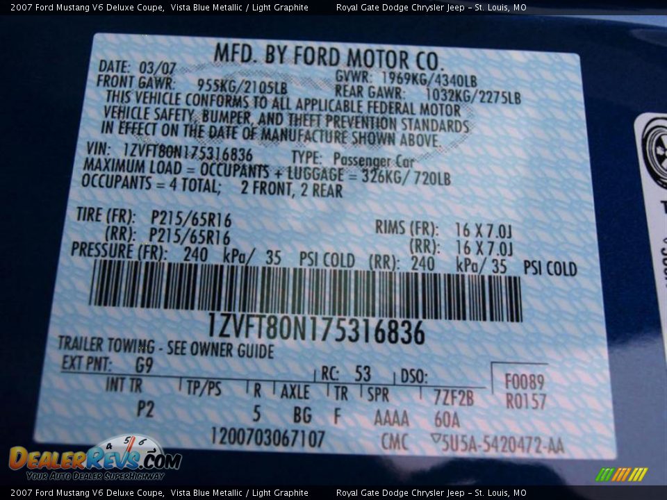 2007 Ford Mustang V6 Deluxe Coupe Vista Blue Metallic / Light Graphite Photo #17