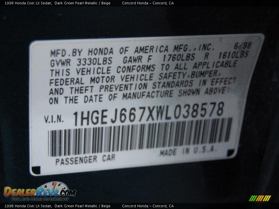 1998 Honda Civic LX Sedan Dark Green Pearl Metallic / Beige Photo #19