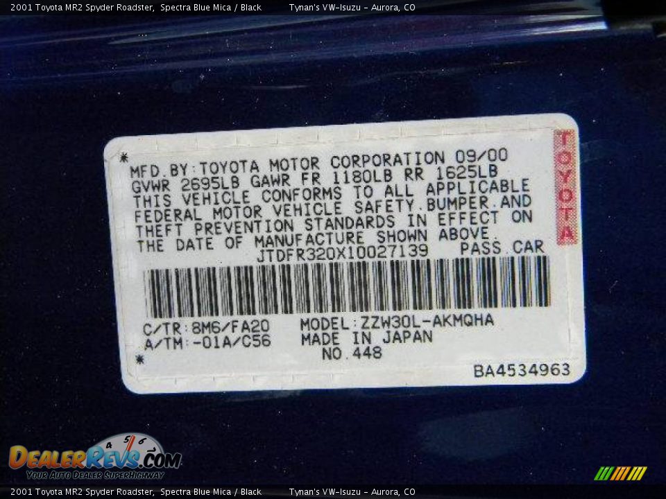 Info Tag of 2001 Toyota MR2 Spyder Roadster Photo #16