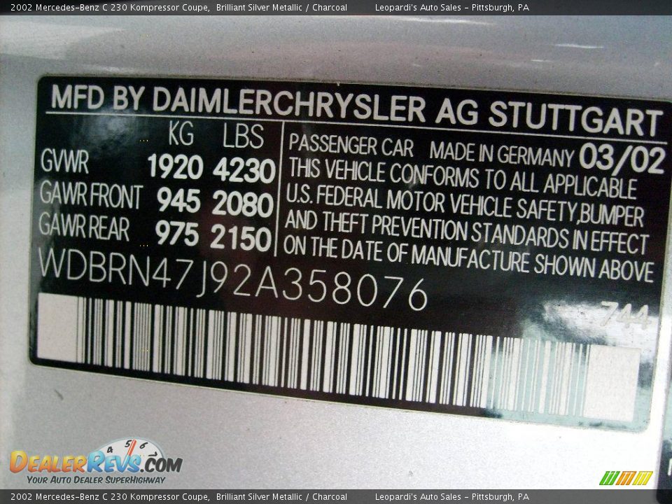 2002 Mercedes-Benz C 230 Kompressor Coupe Brilliant Silver Metallic / Charcoal Photo #13