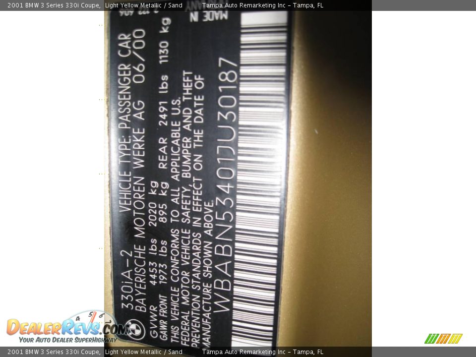 2001 BMW 3 Series 330i Coupe Light Yellow Metallic / Sand Photo #33