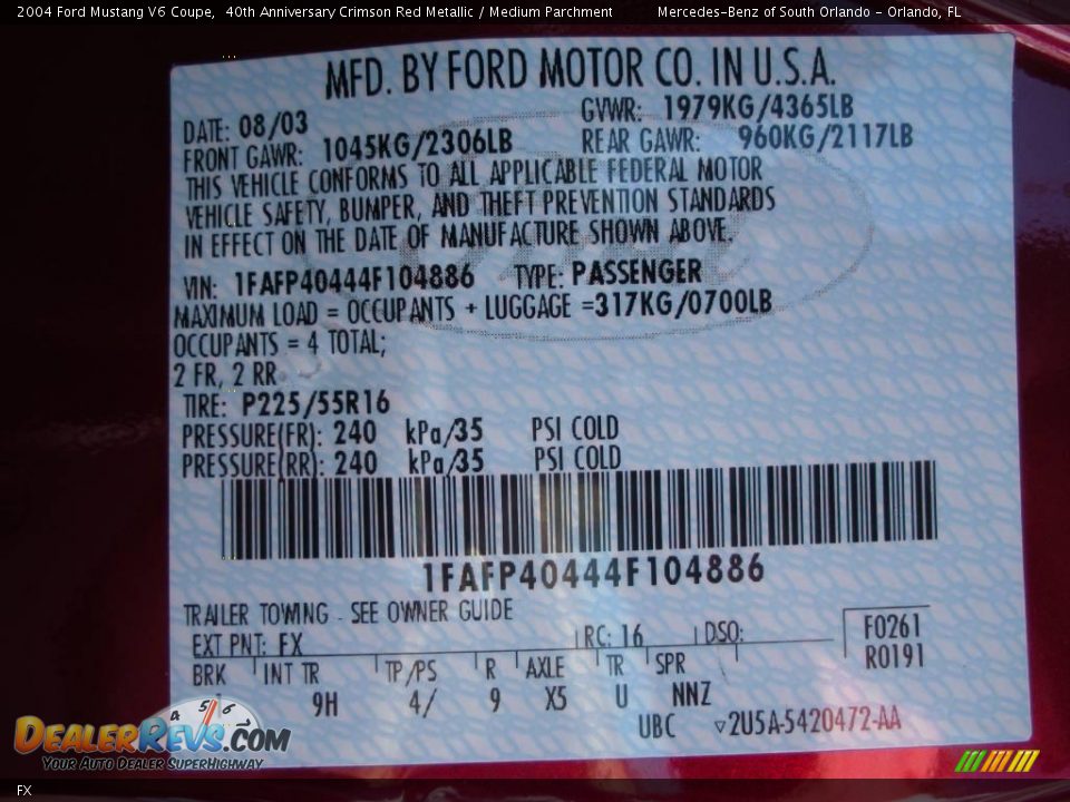 Ford Color Code FX 40th Anniversary Crimson Red Metallic