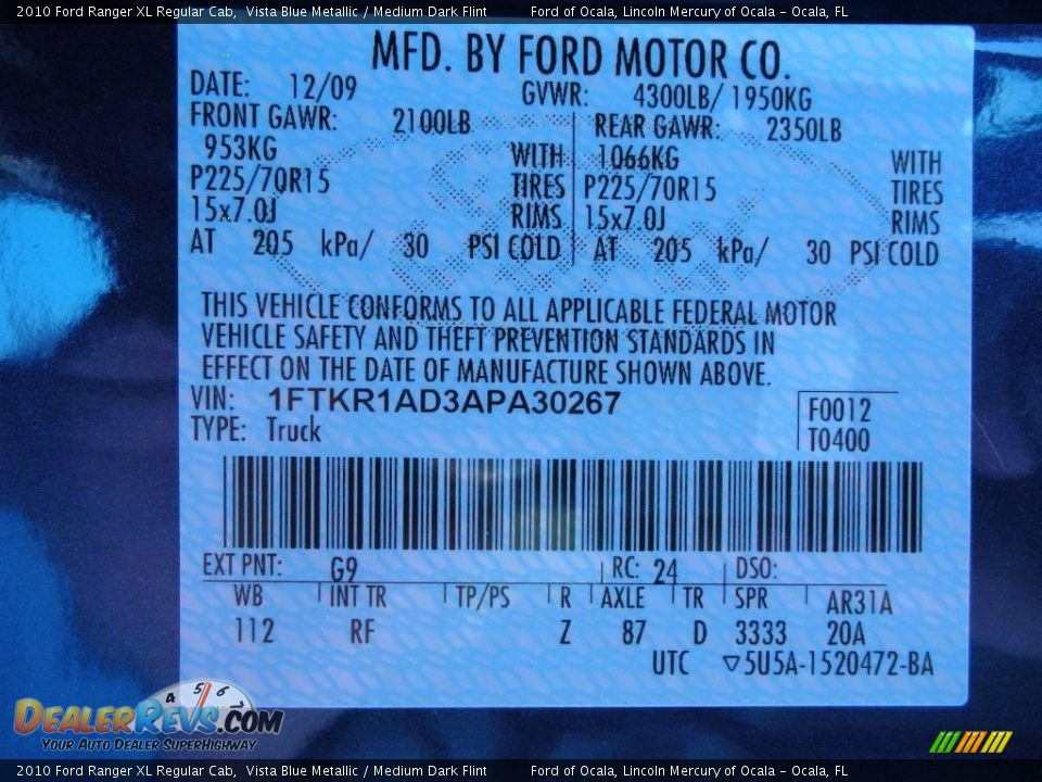 2010 Ford Ranger XL Regular Cab Vista Blue Metallic / Medium Dark Flint Photo #8