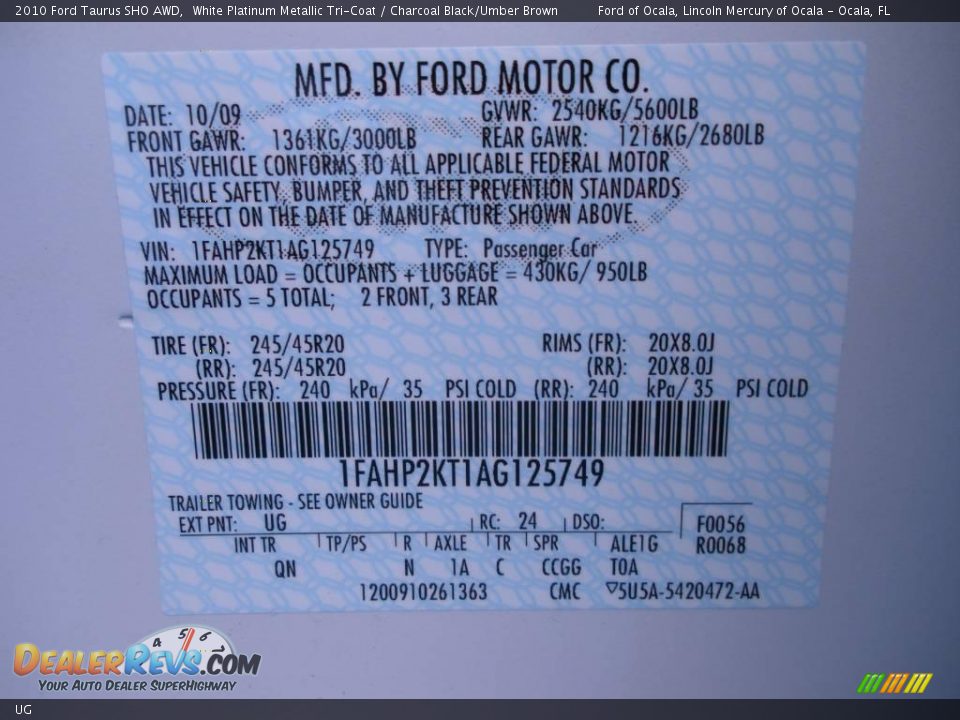 Ford Color Code UG White Platinum Metallic Tri-Coat