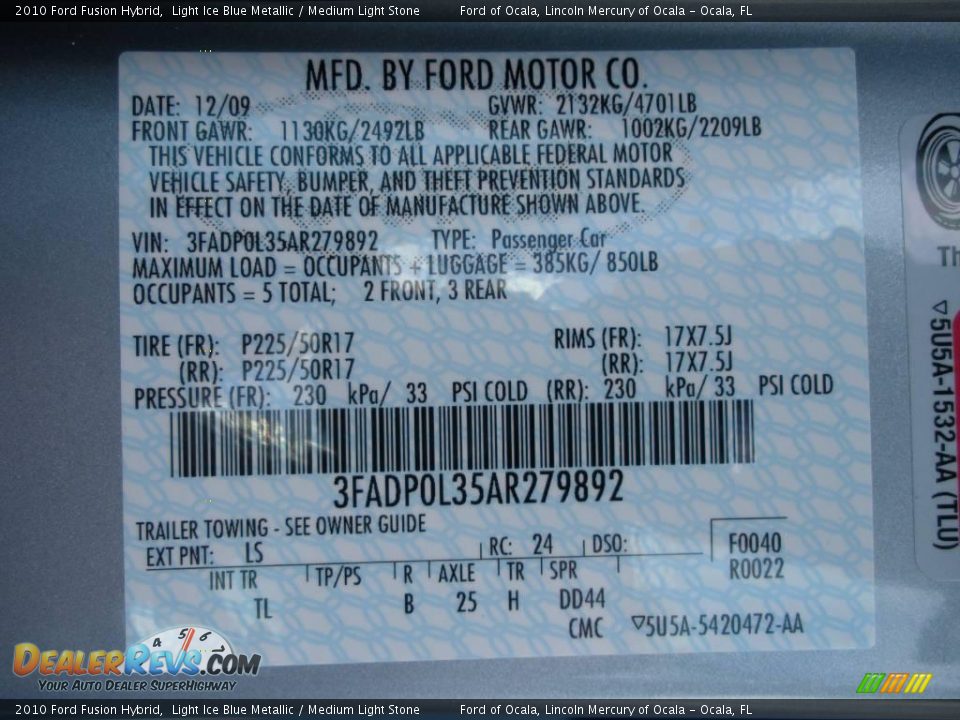 2010 Ford Fusion Hybrid Light Ice Blue Metallic / Medium Light Stone Photo #12