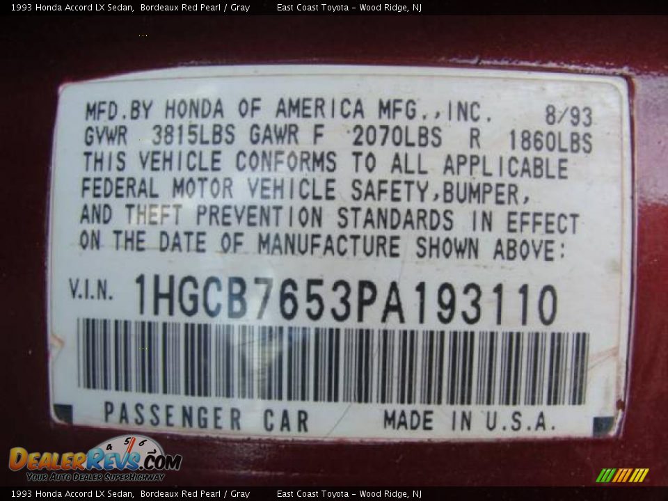 1993 Honda Accord LX Sedan Bordeaux Red Pearl / Gray Photo #15