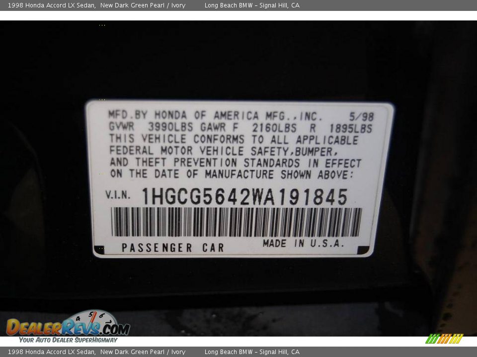 1998 Honda Accord LX Sedan New Dark Green Pearl / Ivory Photo #16