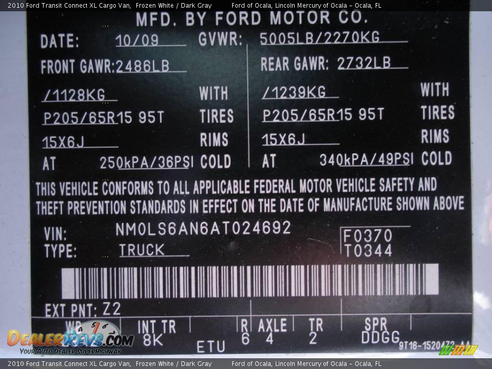 2010 Ford Transit Connect XL Cargo Van Frozen White / Dark Gray Photo #9