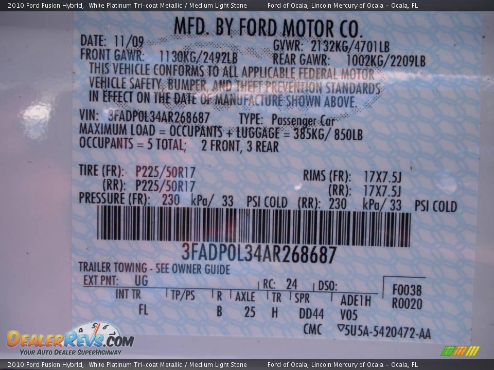 2010 Ford Fusion Hybrid White Platinum Tri-coat Metallic / Medium Light Stone Photo #11