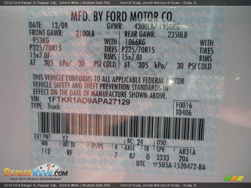 2010 Ford Ranger XL Regular Cab Oxford White / Medium Dark Flint Photo #8