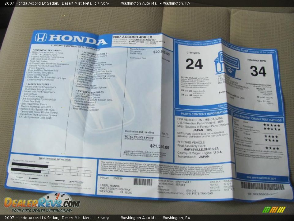 2007 Honda Accord LX Sedan Desert Mist Metallic / Ivory Photo #17