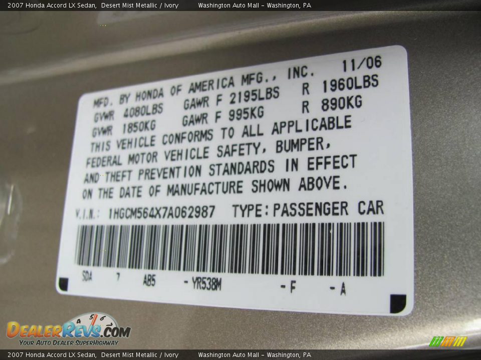 2007 Honda Accord LX Sedan Desert Mist Metallic / Ivory Photo #19