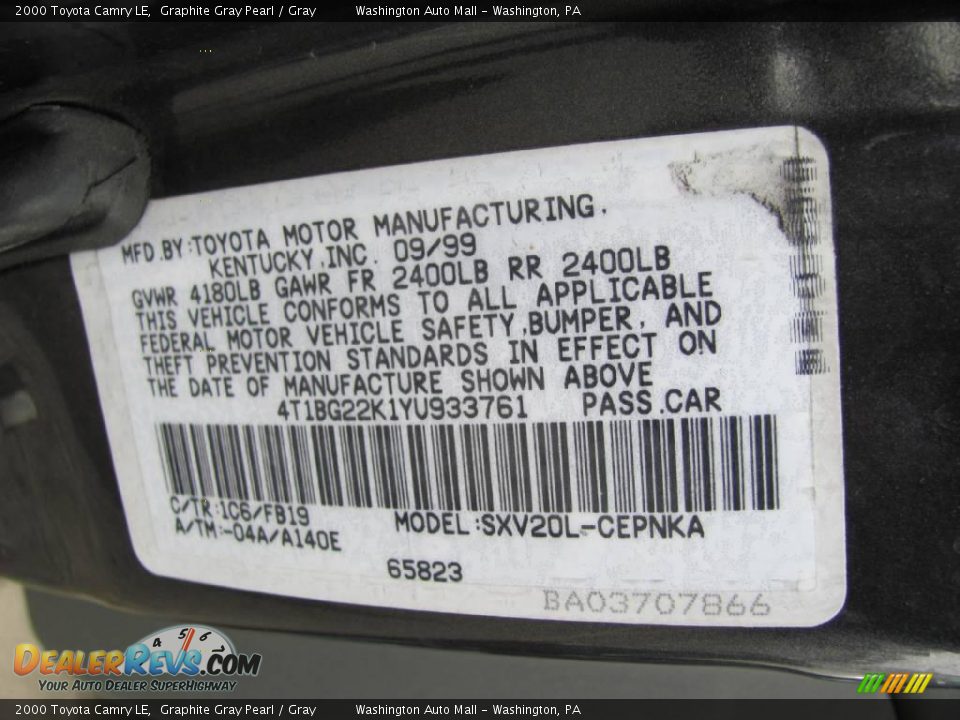 2000 Toyota Camry LE Graphite Gray Pearl / Gray Photo #19