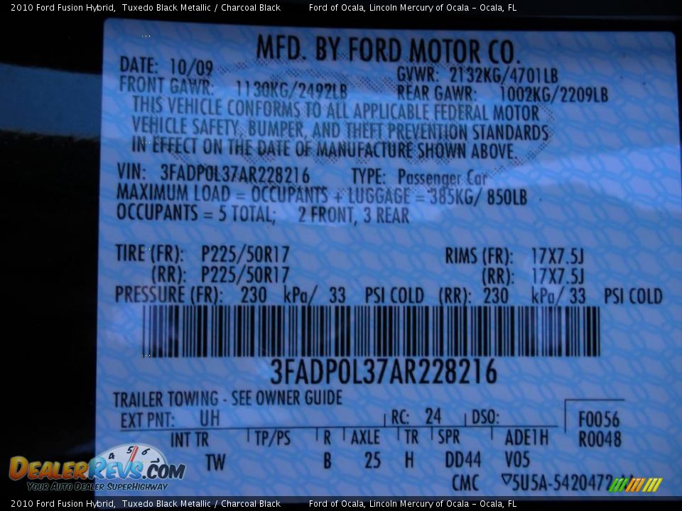 2010 Ford Fusion Hybrid Tuxedo Black Metallic / Charcoal Black Photo #10