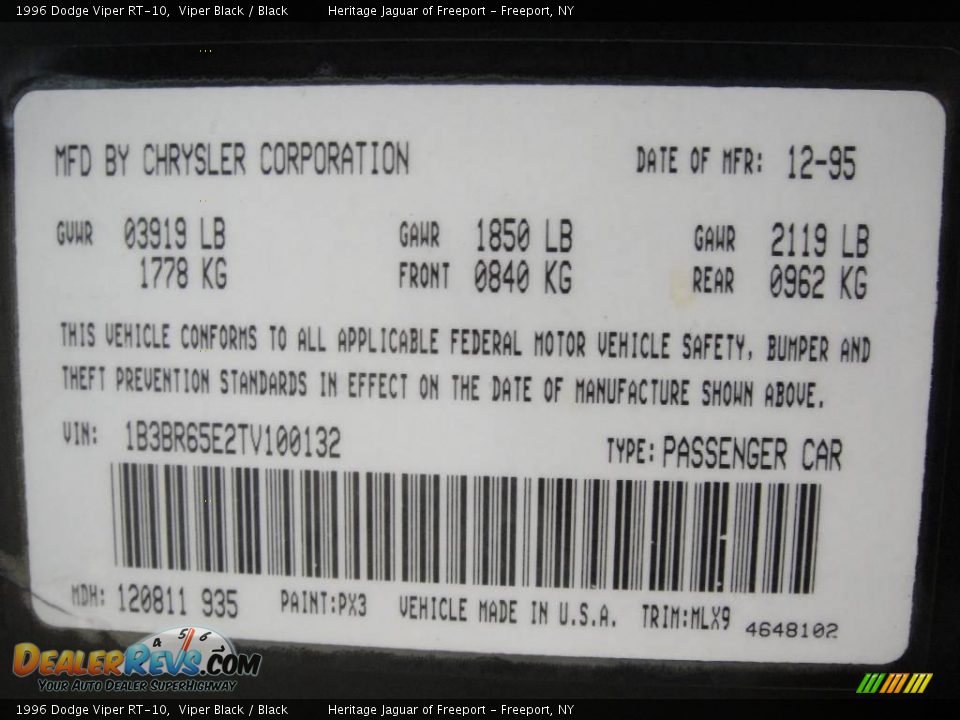 1996 Dodge Viper RT-10 Viper Black / Black Photo #20