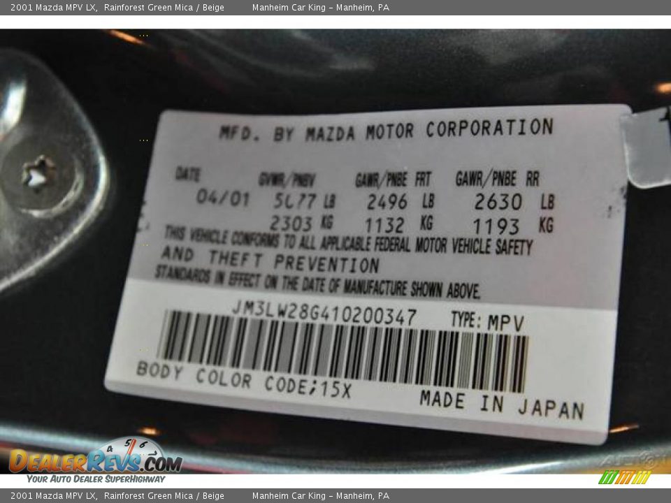 2001 Mazda MPV LX Rainforest Green Mica / Beige Photo #15
