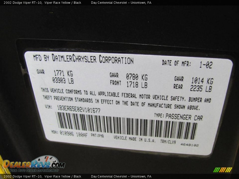 2002 Dodge Viper RT-10 Viper Race Yellow / Black Photo #14