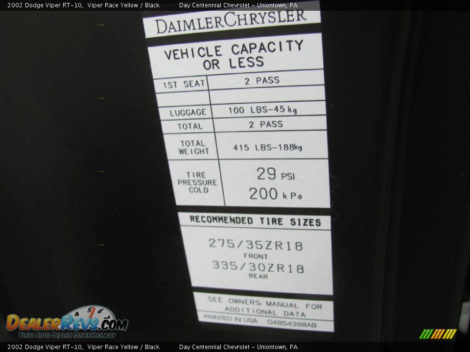 2002 Dodge Viper RT-10 Viper Race Yellow / Black Photo #15