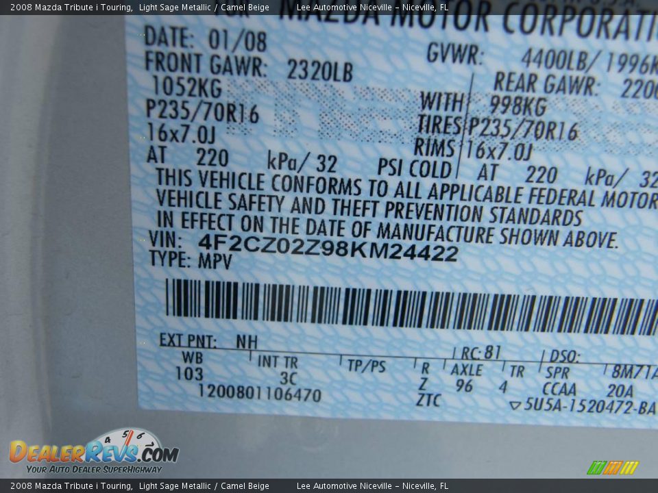 2008 Mazda Tribute i Touring Light Sage Metallic / Camel Beige Photo #30
