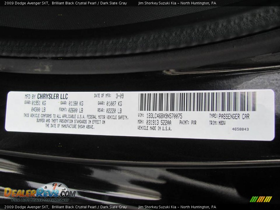 2009 Dodge Avenger SXT Brilliant Black Crystal Pearl / Dark Slate Gray Photo #14