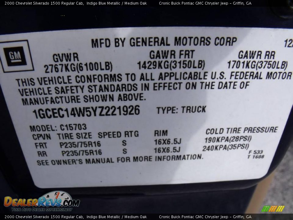 2000 Chevrolet Silverado 1500 Regular Cab Indigo Blue Metallic / Medium Oak Photo #19