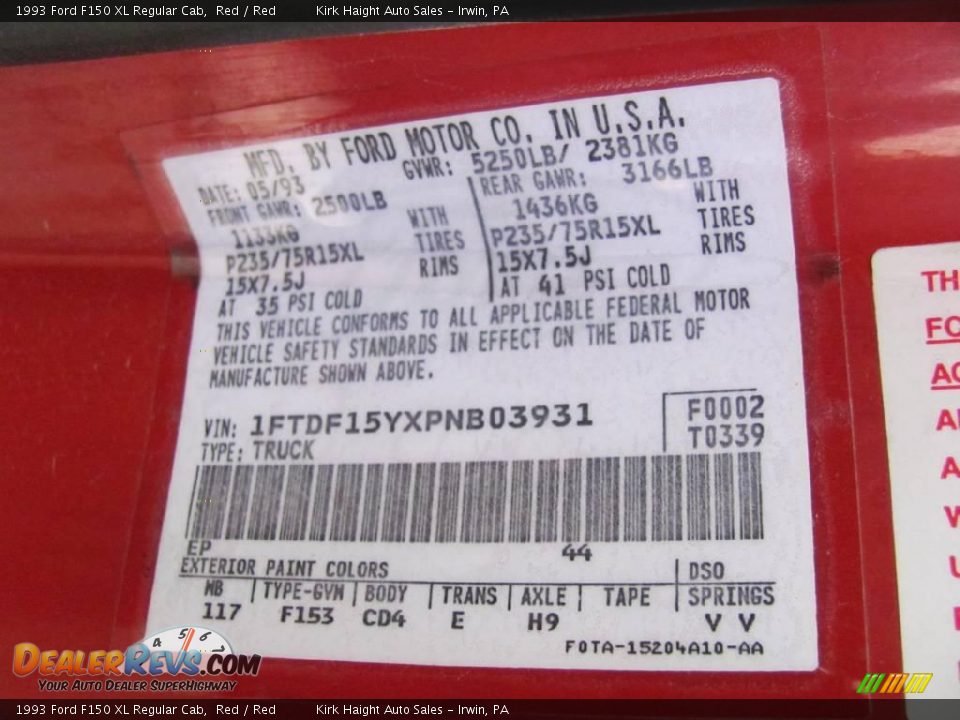 1993 Ford F150 XL Regular Cab Red / Red Photo #20