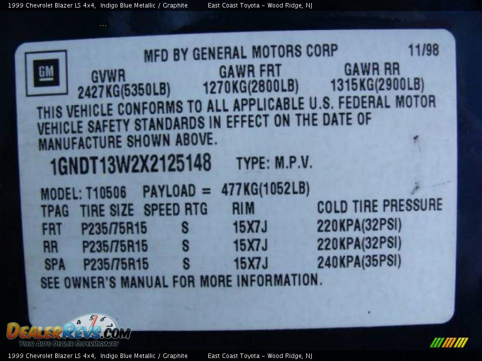 1999 Chevrolet Blazer LS 4x4 Indigo Blue Metallic / Graphite Photo #15