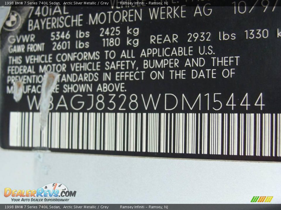 1998 BMW 7 Series 740iL Sedan Arctic Silver Metallic / Grey Photo #15