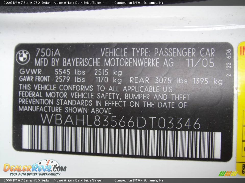 2006 BMW 7 Series 750i Sedan Alpine White / Dark Beige/Beige III Photo #15