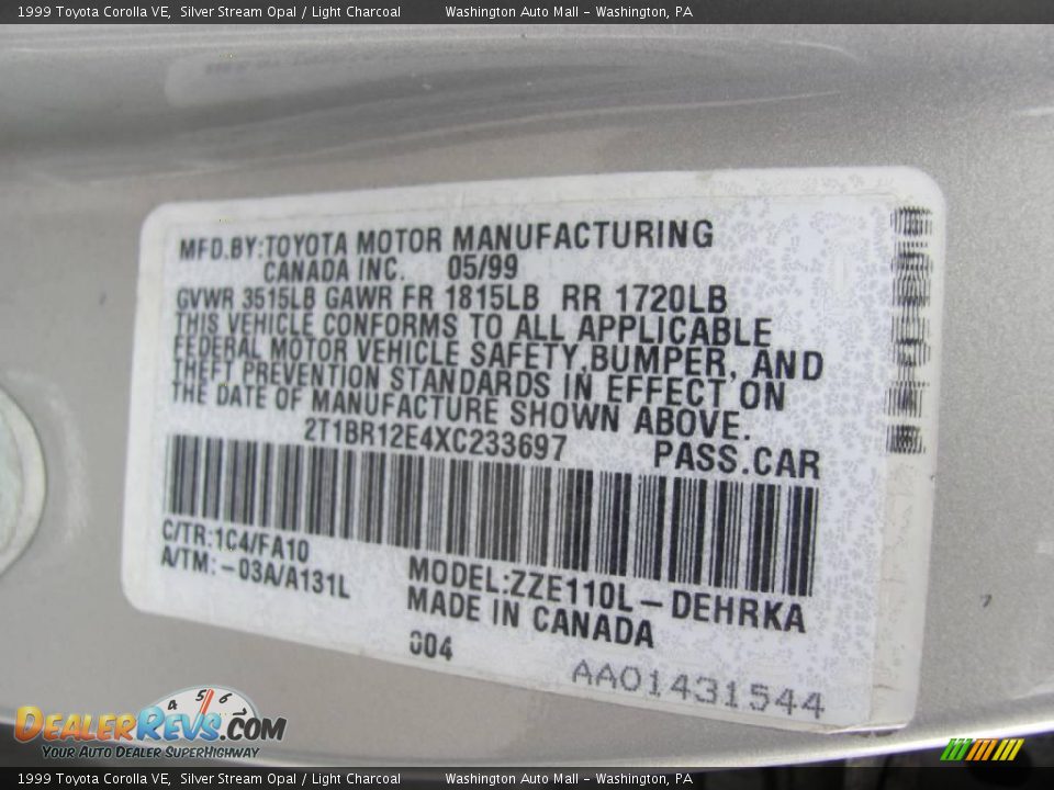 1999 Toyota Corolla VE Silver Stream Opal / Light Charcoal Photo #19