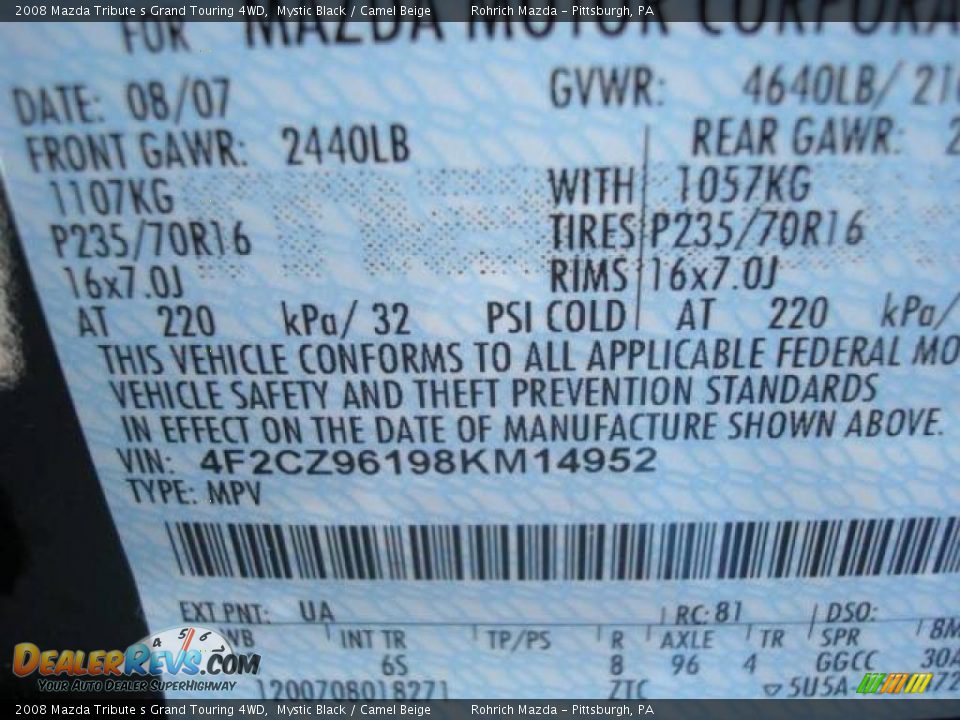 2008 Mazda Tribute s Grand Touring 4WD Mystic Black / Camel Beige Photo #19