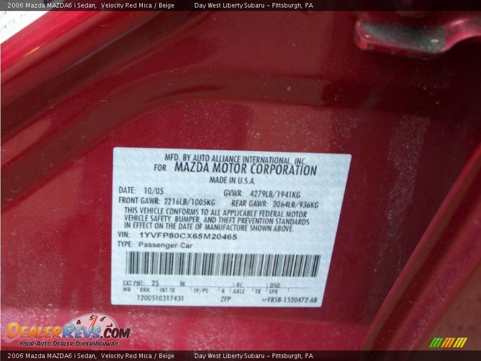 2006 Mazda MAZDA6 i Sedan Velocity Red Mica / Beige Photo #14