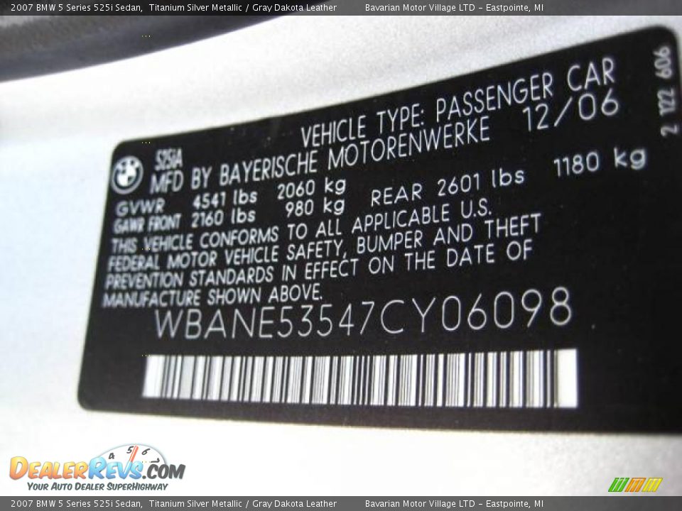 2007 BMW 5 Series 525i Sedan Titanium Silver Metallic / Gray Dakota Leather Photo #22