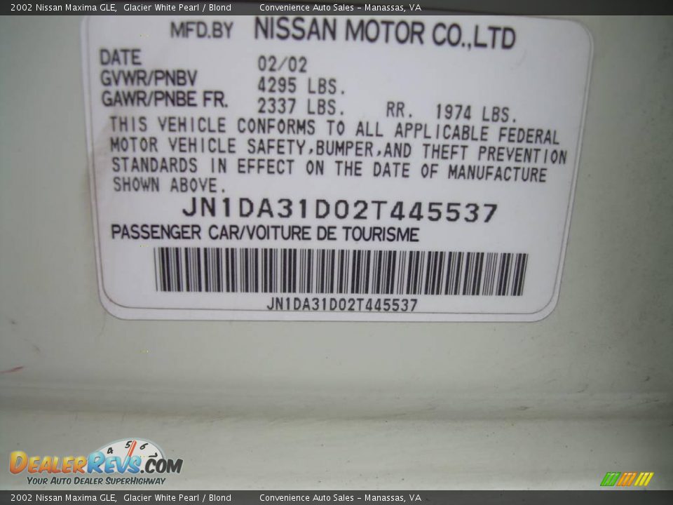 2002 Nissan Maxima GLE Glacier White Pearl / Blond Photo #15