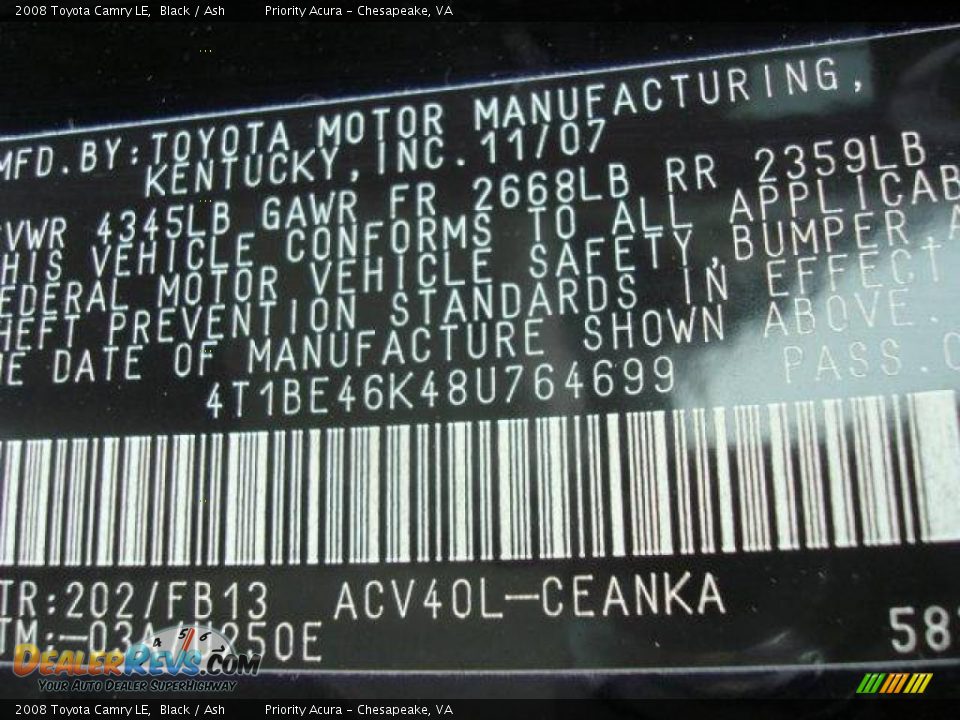 2008 Toyota Camry LE Black / Ash Photo #20