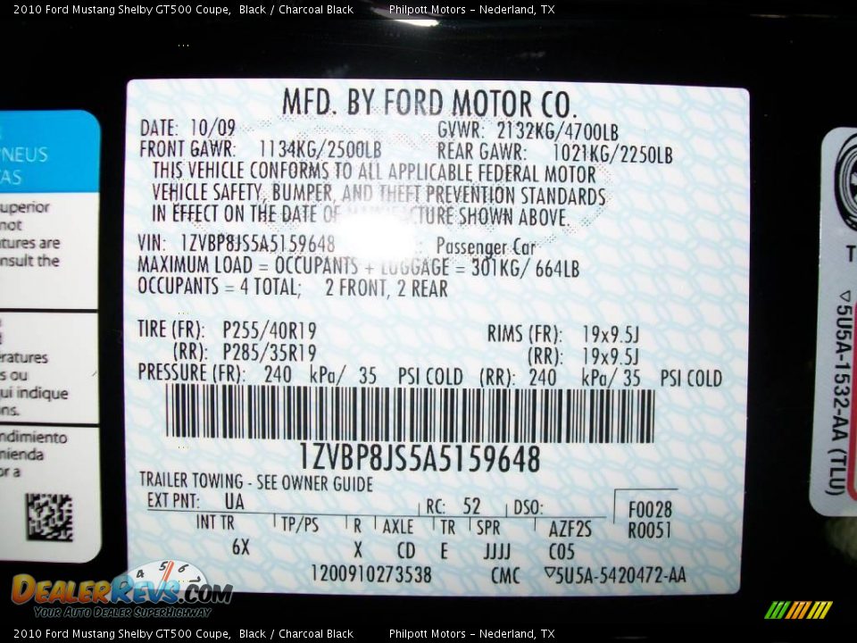 2010 Ford Mustang Shelby GT500 Coupe Black / Charcoal Black Photo #36