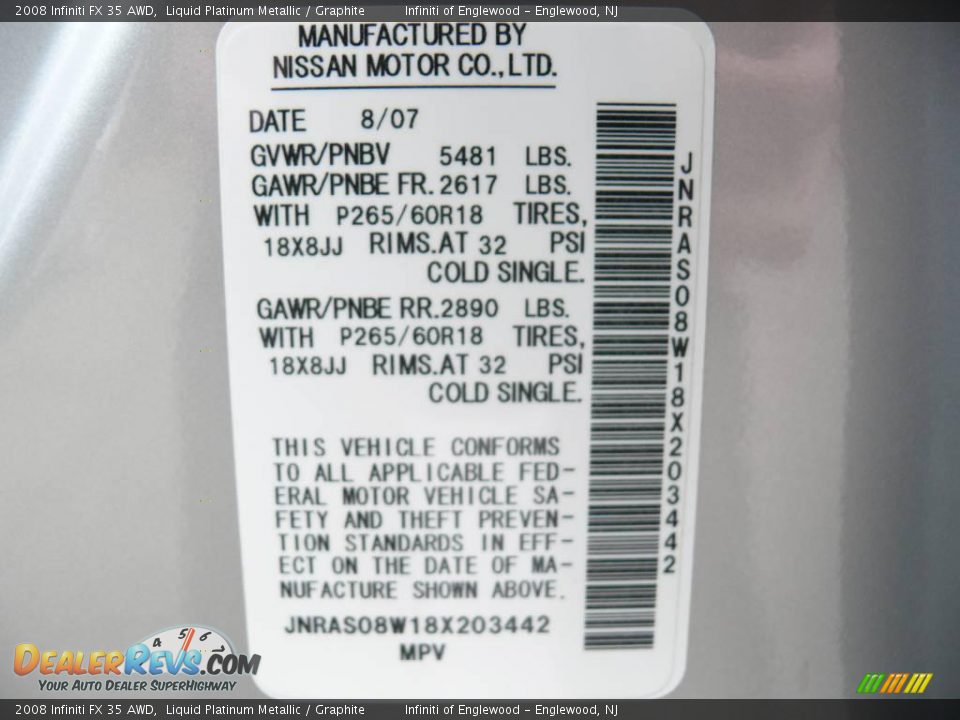 2008 Infiniti FX 35 AWD Liquid Platinum Metallic / Graphite Photo #29