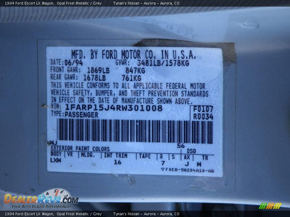 1994 Ford Escort LX Wagon Opal Frost Metallic / Grey Photo #20