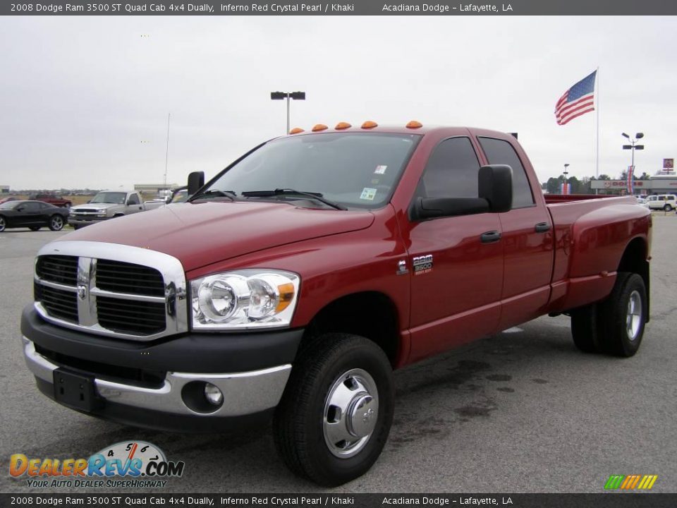 2008 Dodge Ram 3500 ST Quad Cab 4x4 Dually Inferno Red Crystal Pearl / Khaki Photo #7