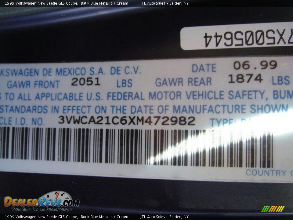 1999 Volkswagen New Beetle GLS Coupe Batik Blue Metallic / Cream Photo #17