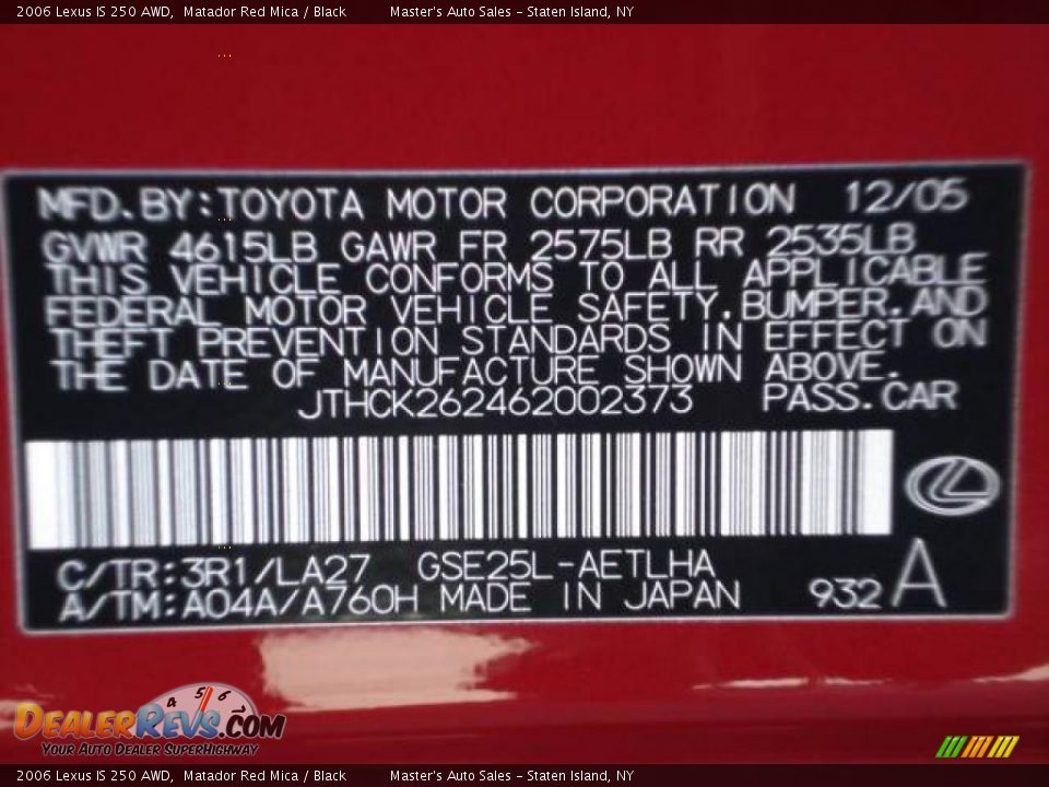 2006 Lexus IS 250 AWD Matador Red Mica / Black Photo #26