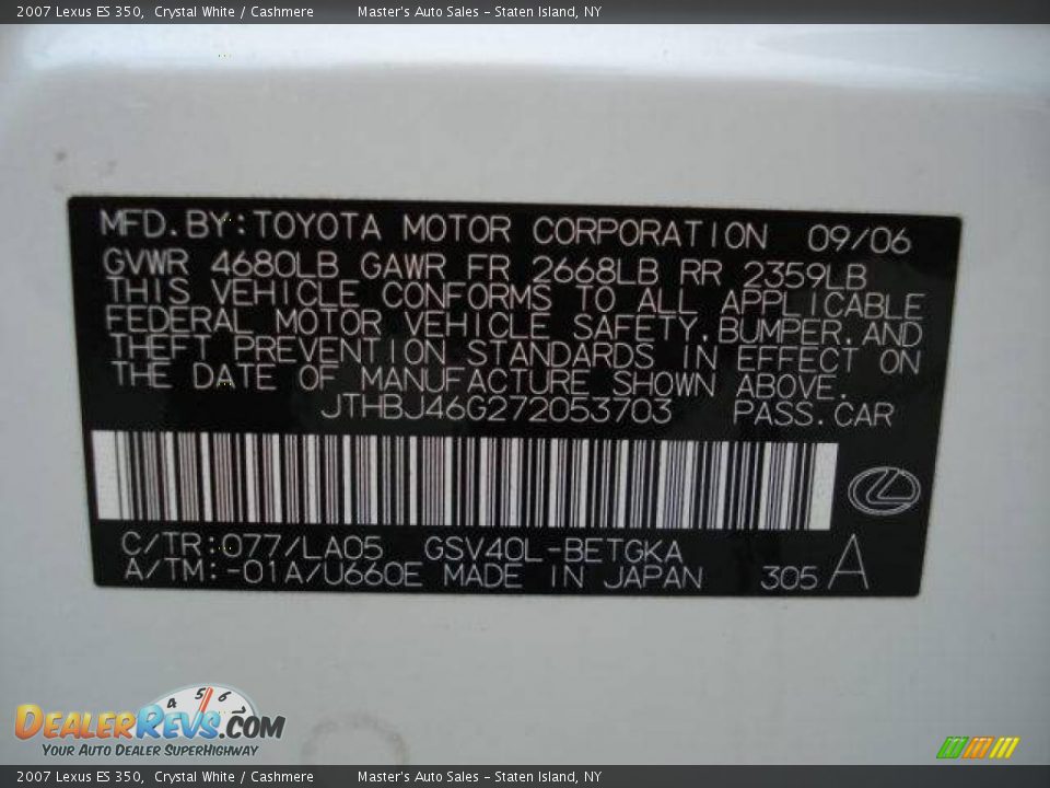 2007 Lexus ES 350 Crystal White / Cashmere Photo #20