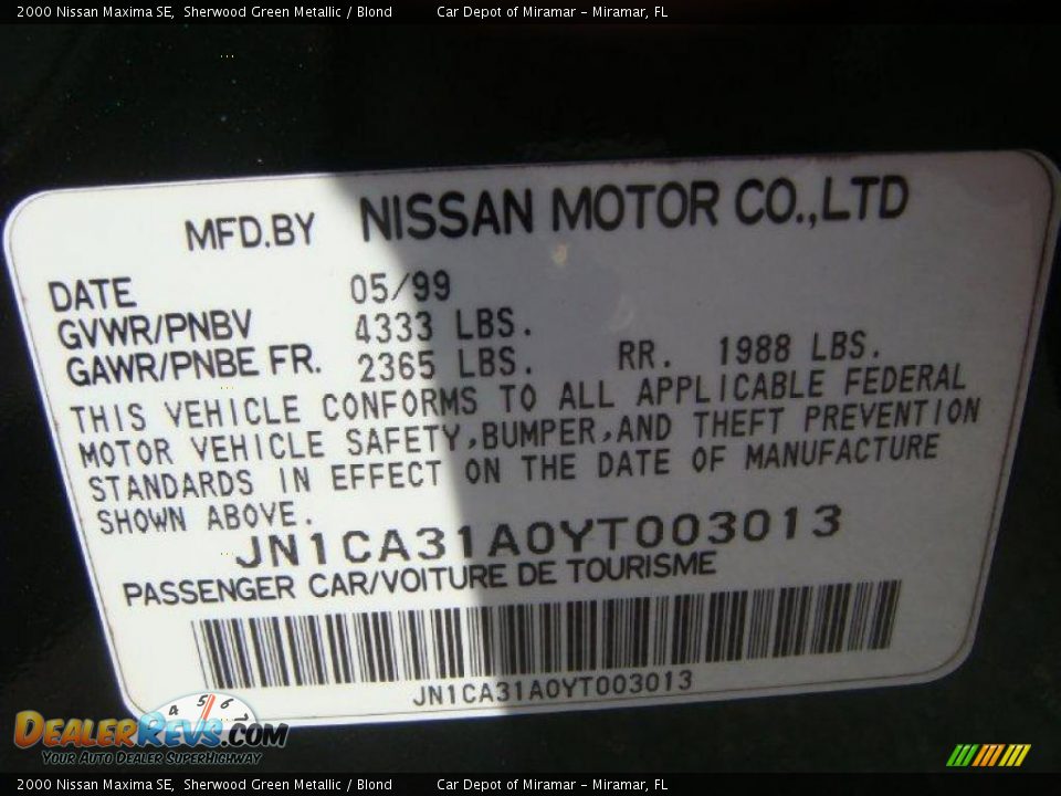 2000 Nissan Maxima SE Sherwood Green Metallic / Blond Photo #18