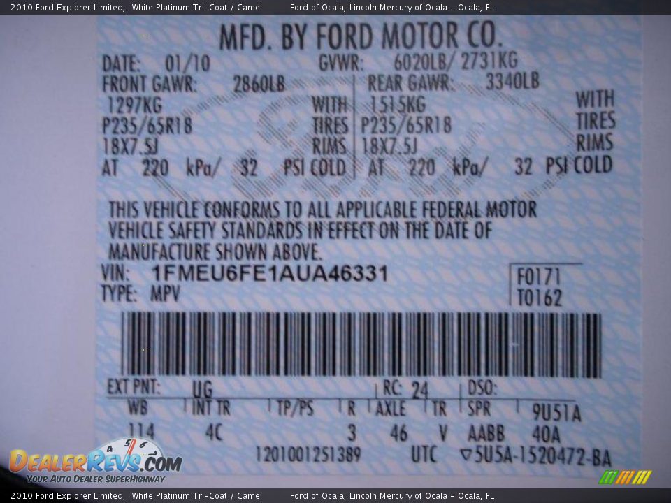 2010 Ford Explorer Limited White Platinum Tri-Coat / Camel Photo #12