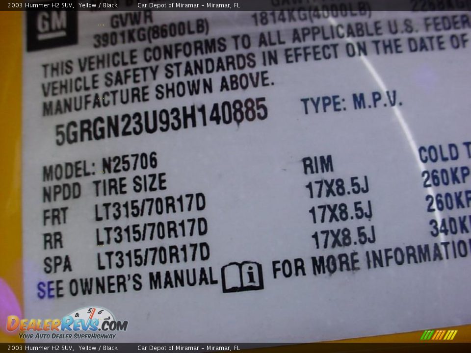 2003 Hummer H2 SUV Yellow / Black Photo #19