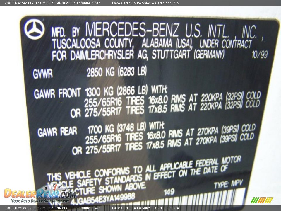 2000 Mercedes-Benz ML 320 4Matic Polar White / Ash Photo #27